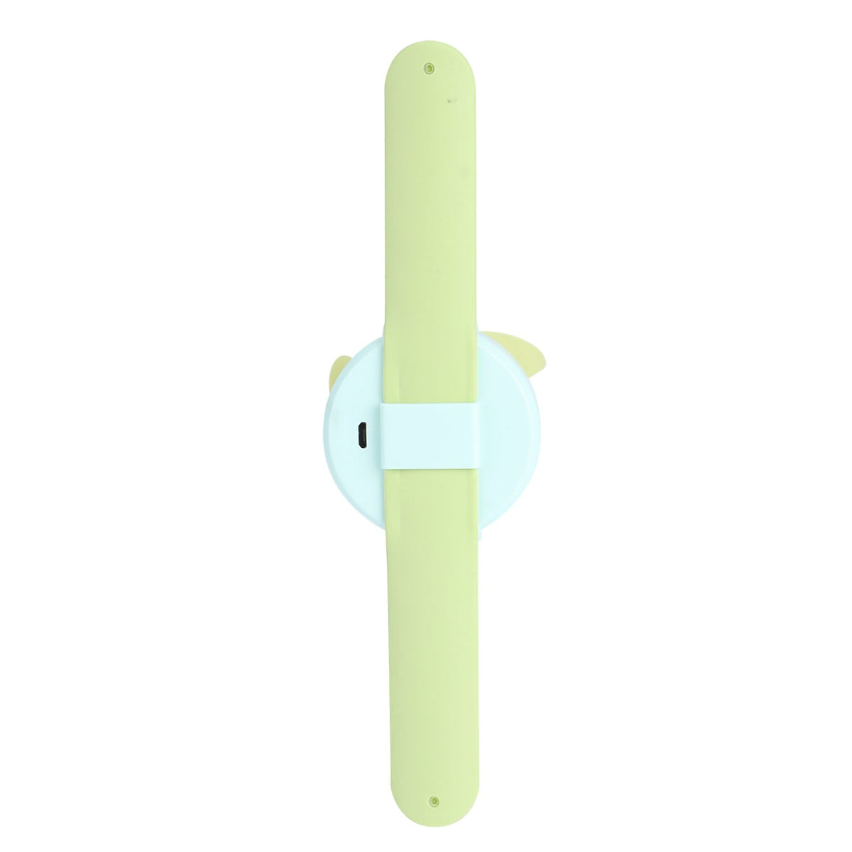Green cartoon-shaped mini kid wrist fan with adjustable strap, USB rechargeable, designed for children’s toys and accessories.