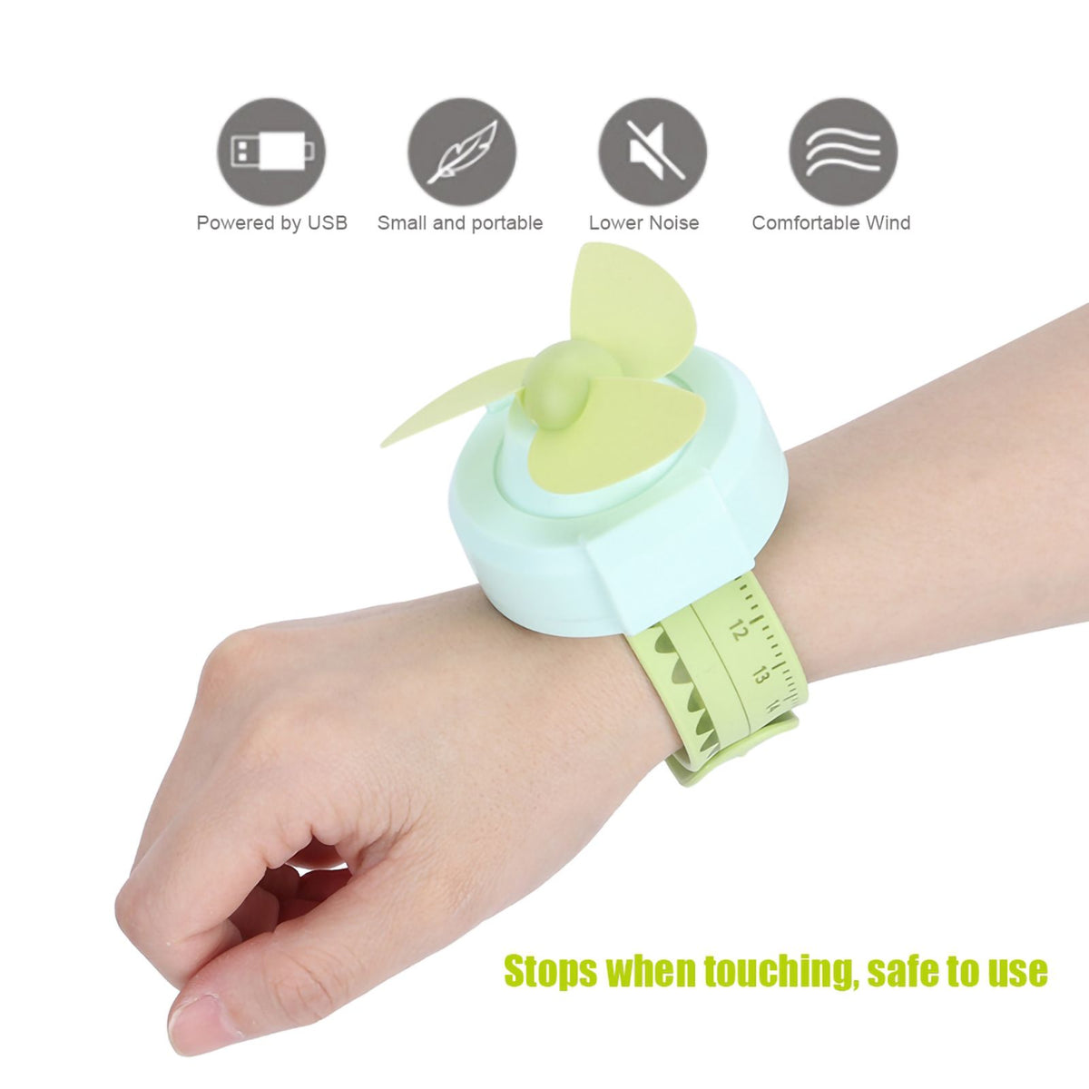 Green cartoon watch-shaped mini kid wrist fan with adjustable strap, USB charging, designed for children, by Everything Baby.