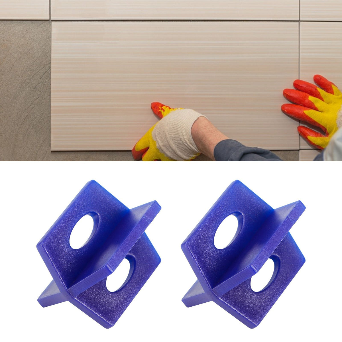 Set of 200 blue ceramic tile leveler tools for wall and floor tiling, used in construction and building projects.
