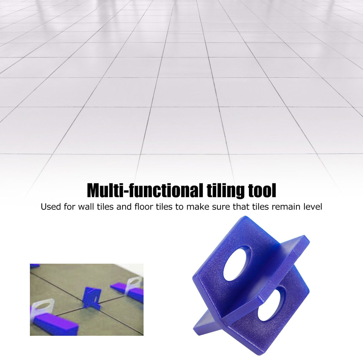 Blue ceramic tile leveler set with 200 pieces for wall and floor tiling, ideal for construction and building projects.