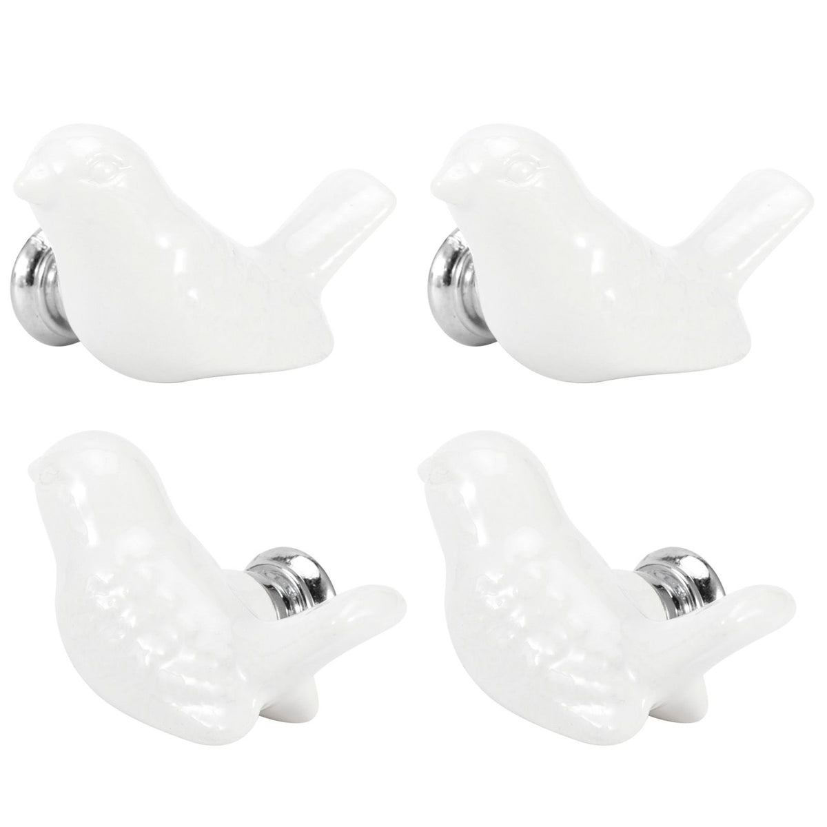 Set of four white ceramic bird-shaped knobs for drawers and cupboards, perfect for DIY furniture accessories.