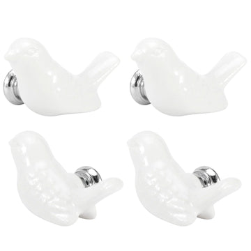 Set of four white ceramic bird-shaped knobs for drawers and cupboards, perfect for DIY furniture accessories.