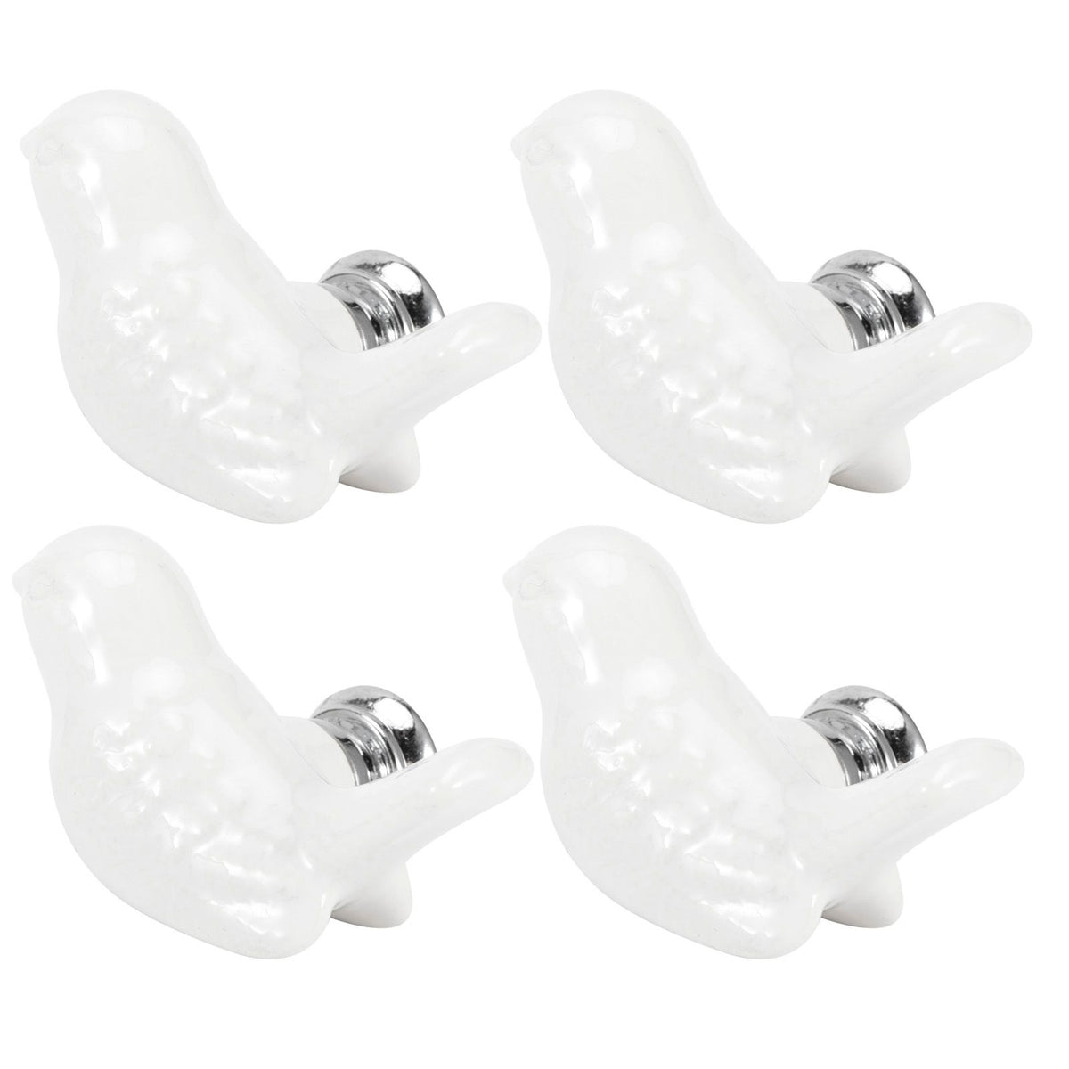 Set of four white ceramic bird-shaped knobs for doors and drawers, perfect as furniture accessories for kids' rooms.