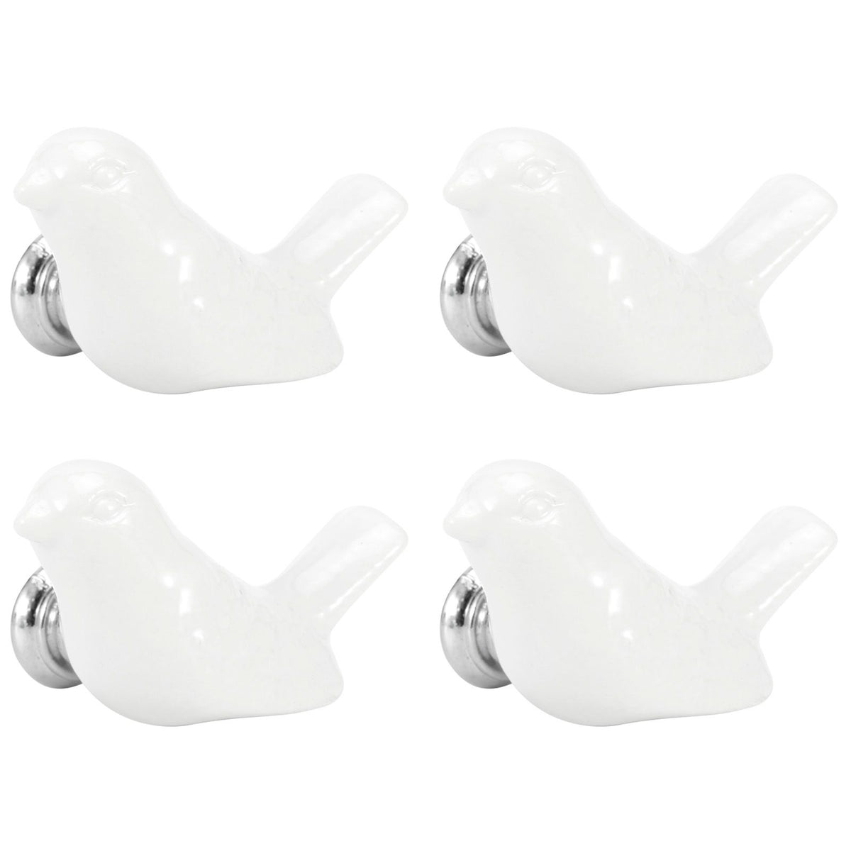 White ceramic bird-shaped drawer knobs featuring four-piece set, perfect for DIY furniture, cupboard, or door handles.