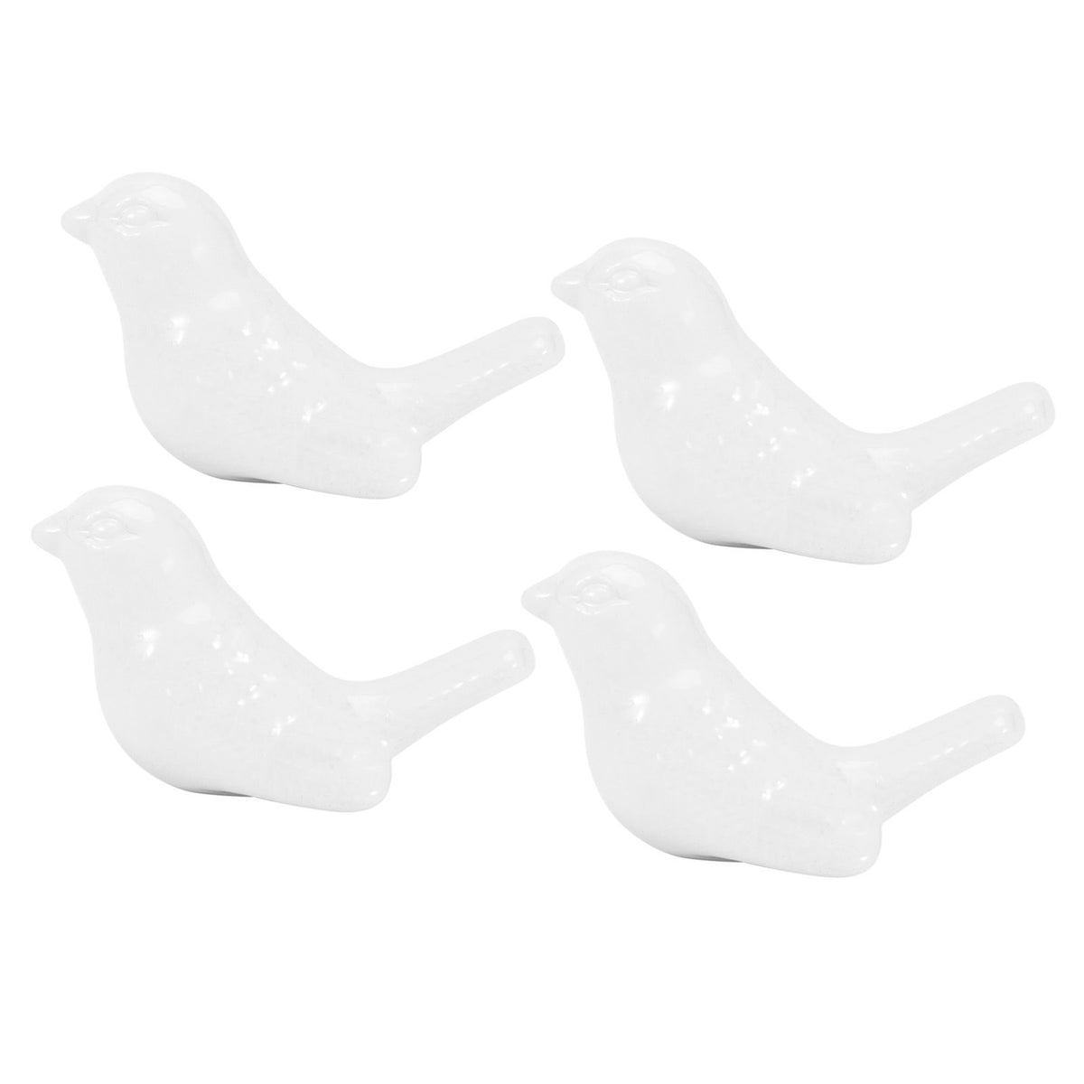 Set of four white ceramic bird-shaped knobs for furniture, ideal for DIY door, drawer, or cupboard handles in kids’ rooms.