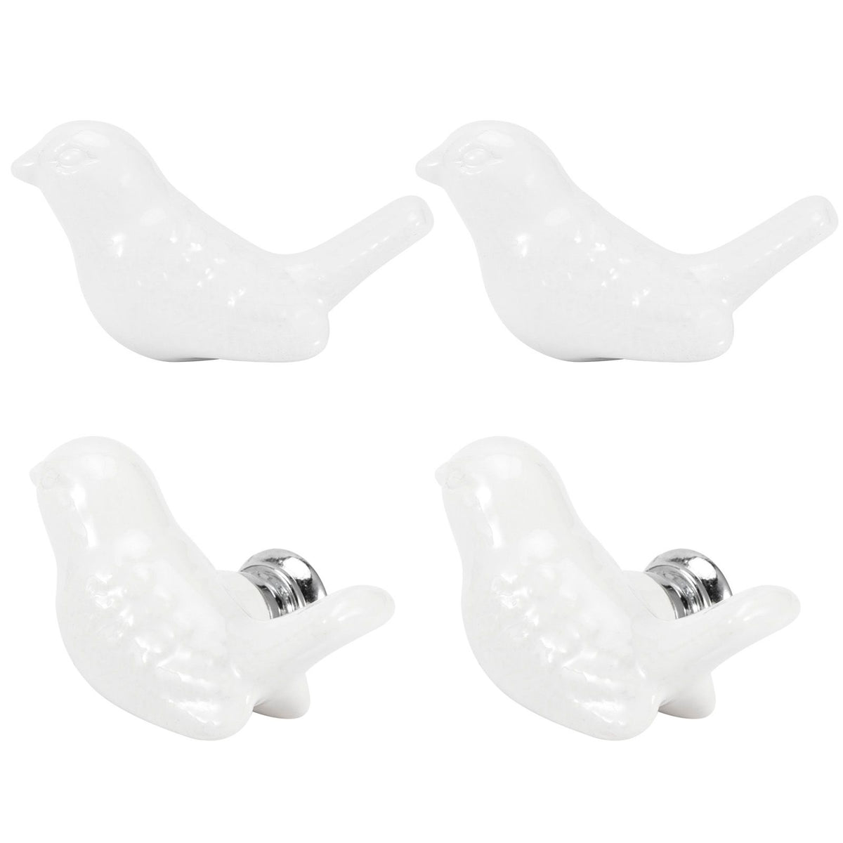 White ceramic bird-shaped knobs for drawers and cupboards, perfect as furniture accessories for baby and kids' rooms.