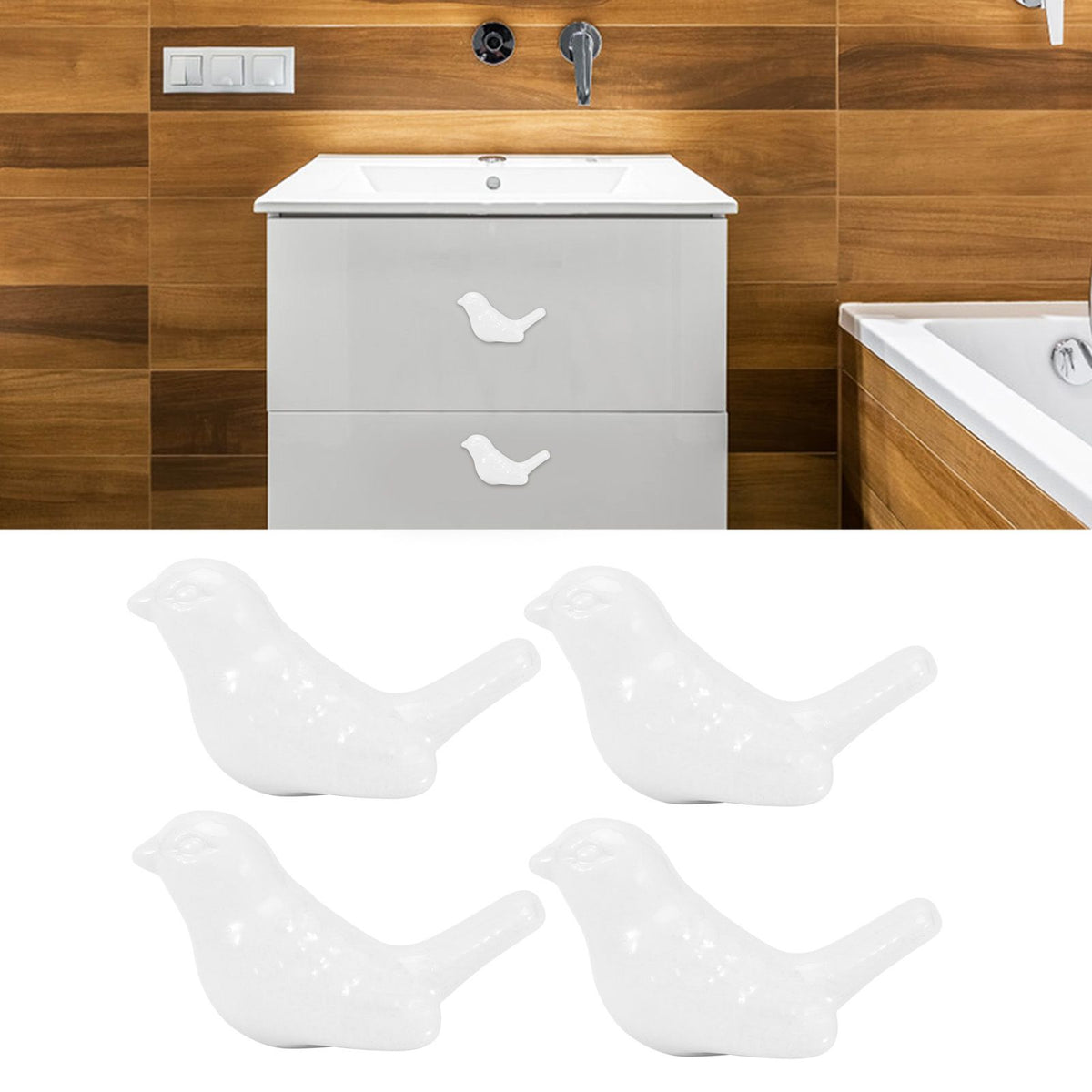 White ceramic bird-shaped drawer knobs, set of four, decorative handles for furniture, from Everything Baby.