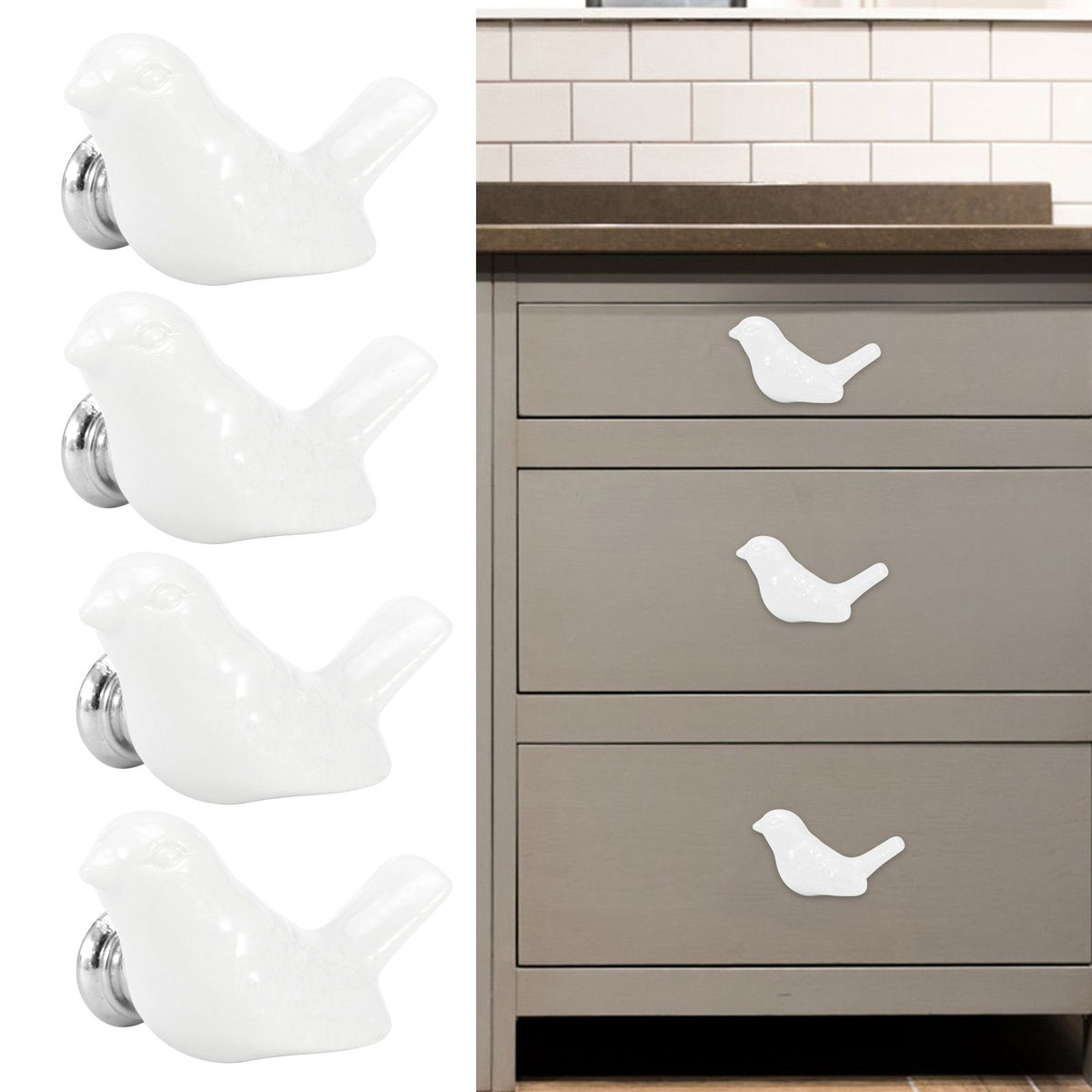 White ceramic bird-shaped drawer knobs set for furniture, perfect for DIY door and cupboard handle accessories.