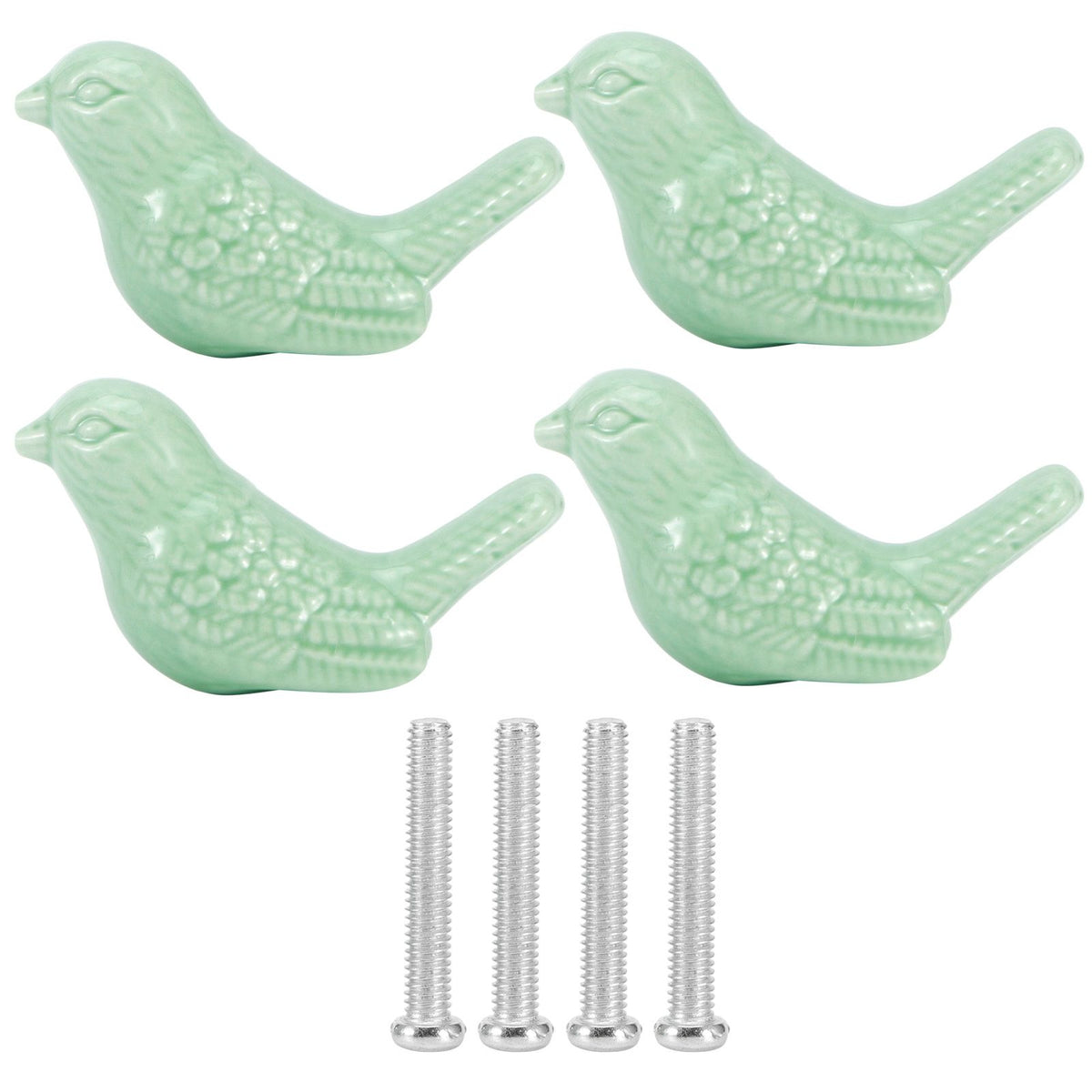 Set of four green bird-shaped ceramic knobs for DIY door and drawer handles on furniture, ideal for kids' changing tables.