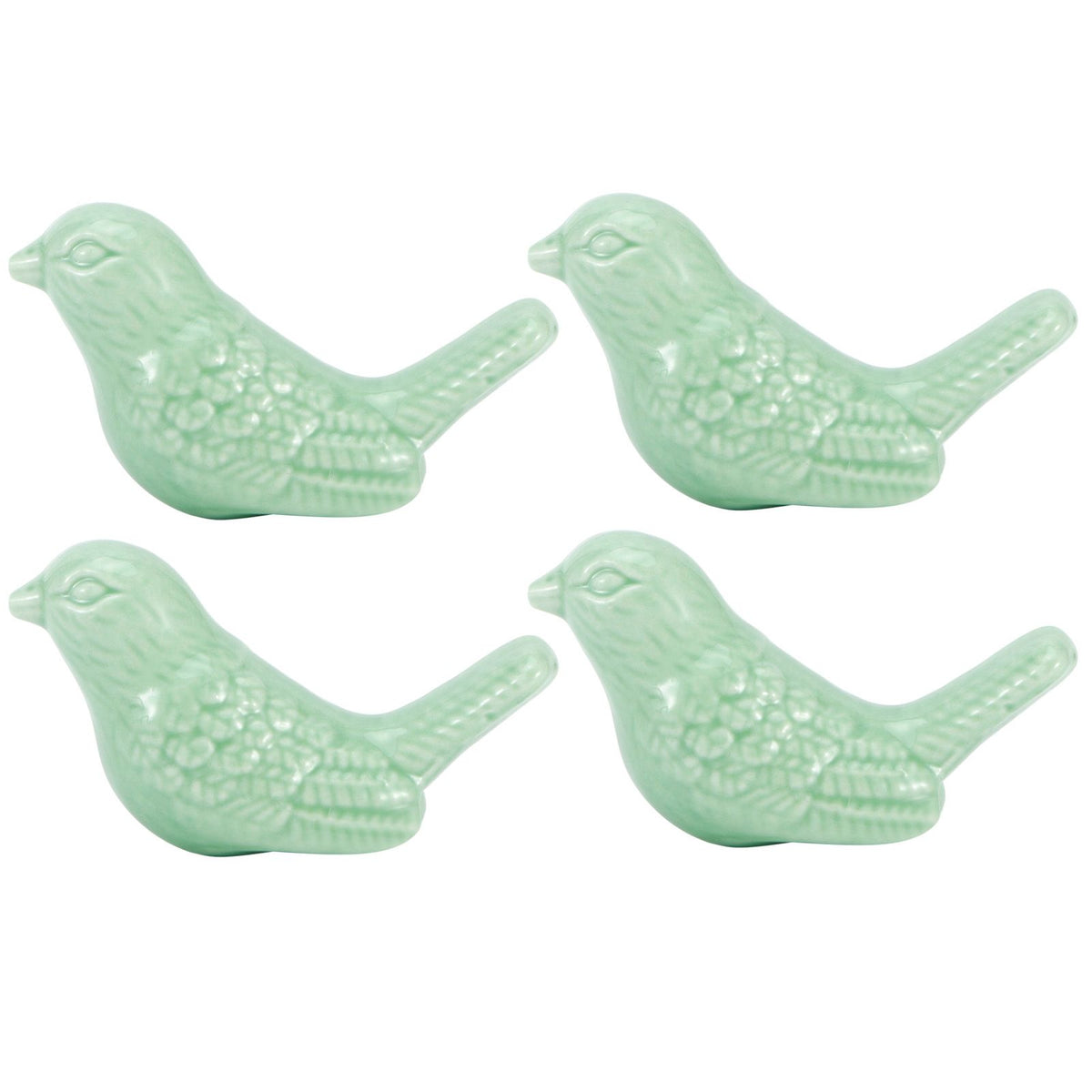 Set of four green ceramic bird-shaped drawer knobs for furniture, perfect for DIY door and cupboard handles.
