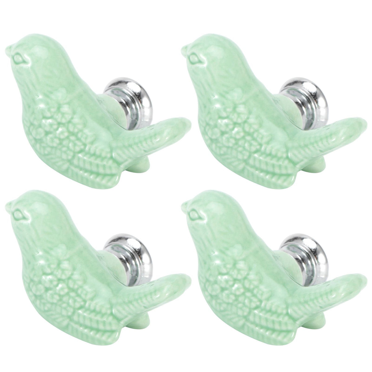 Green ceramic bird-shaped knobs, set of four, for DIY door and drawer handles on furniture, suitable for children's changing tables.
