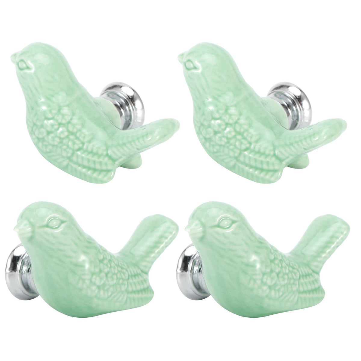 Green ceramic bird-shaped knobs for drawers and cupboards, ideal as furniture handles for kid's changing tables and nursery furniture.