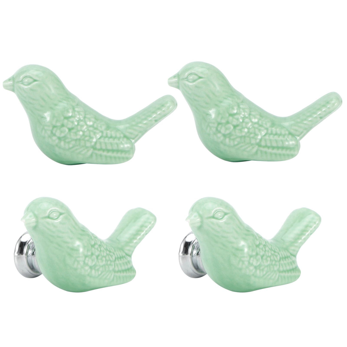 Green ceramic bird-shaped knobs set, ideal for DIY furniture, drawers, and cupboards in baby and kids' changing tables.