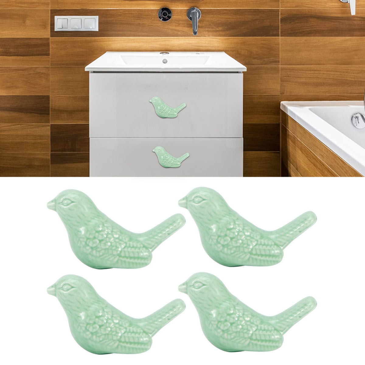 Set of four green ceramic bird-shaped knobs for drawers and cupboards, ideal as furniture handles for kids' changing tables.