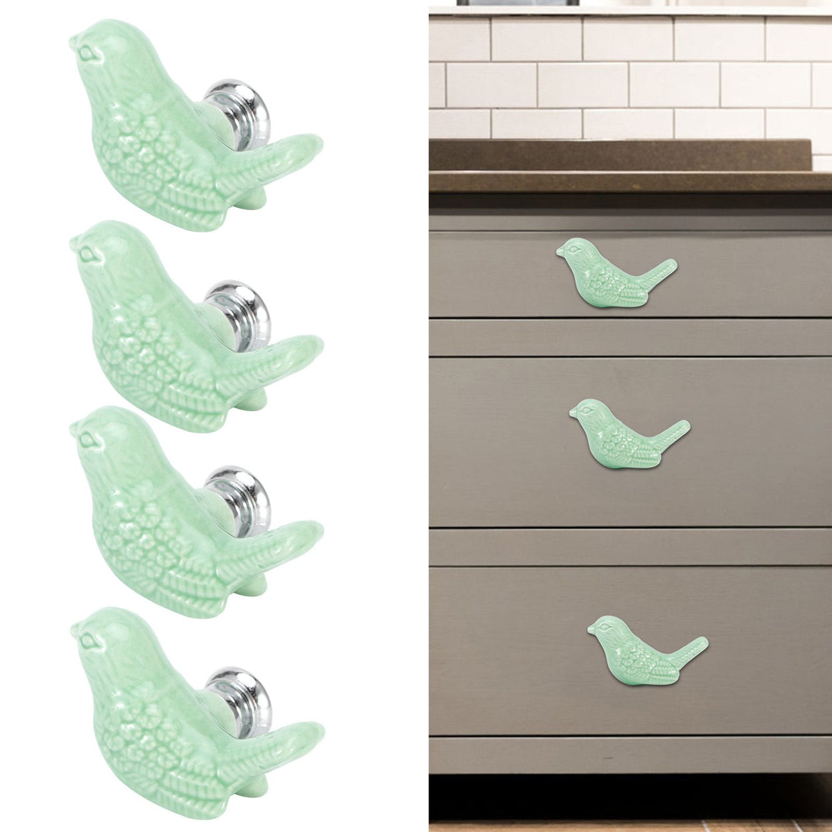 Green ceramic bird-shaped knobs set for DIY furniture, ideal for changing tables, drawer pulls, and cupboard handles.