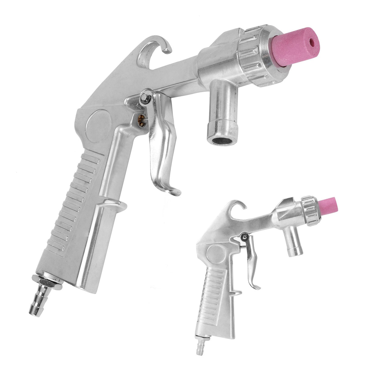 Handheld pneumatic sandblaster machine used for abrasive sandblasting and derusting; suitable for DIY projects and outdoor use.