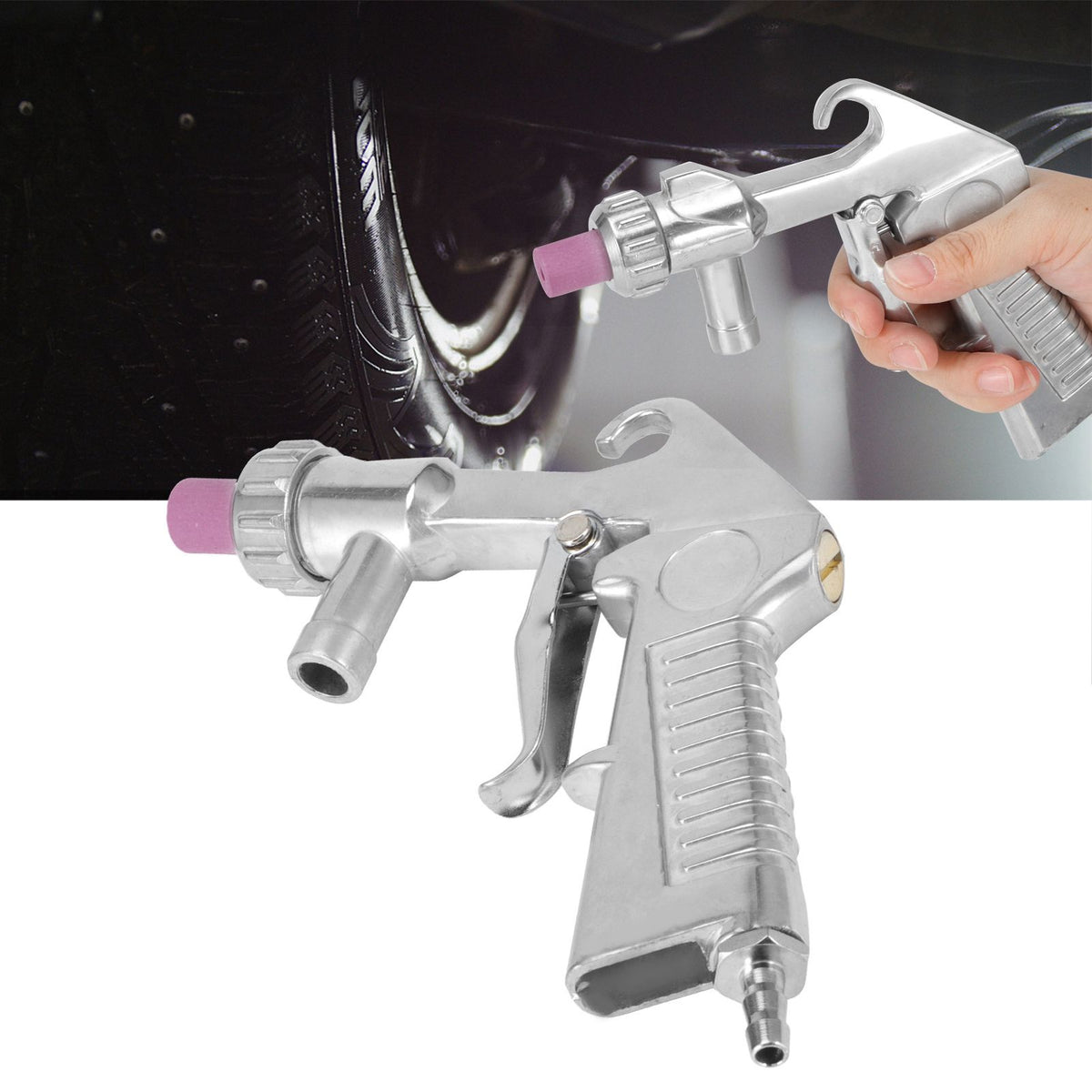 Handheld pneumatic sand blaster for abrasive sand blasting and derusting, used for outdoor toy and kid's play equipment cleaning.