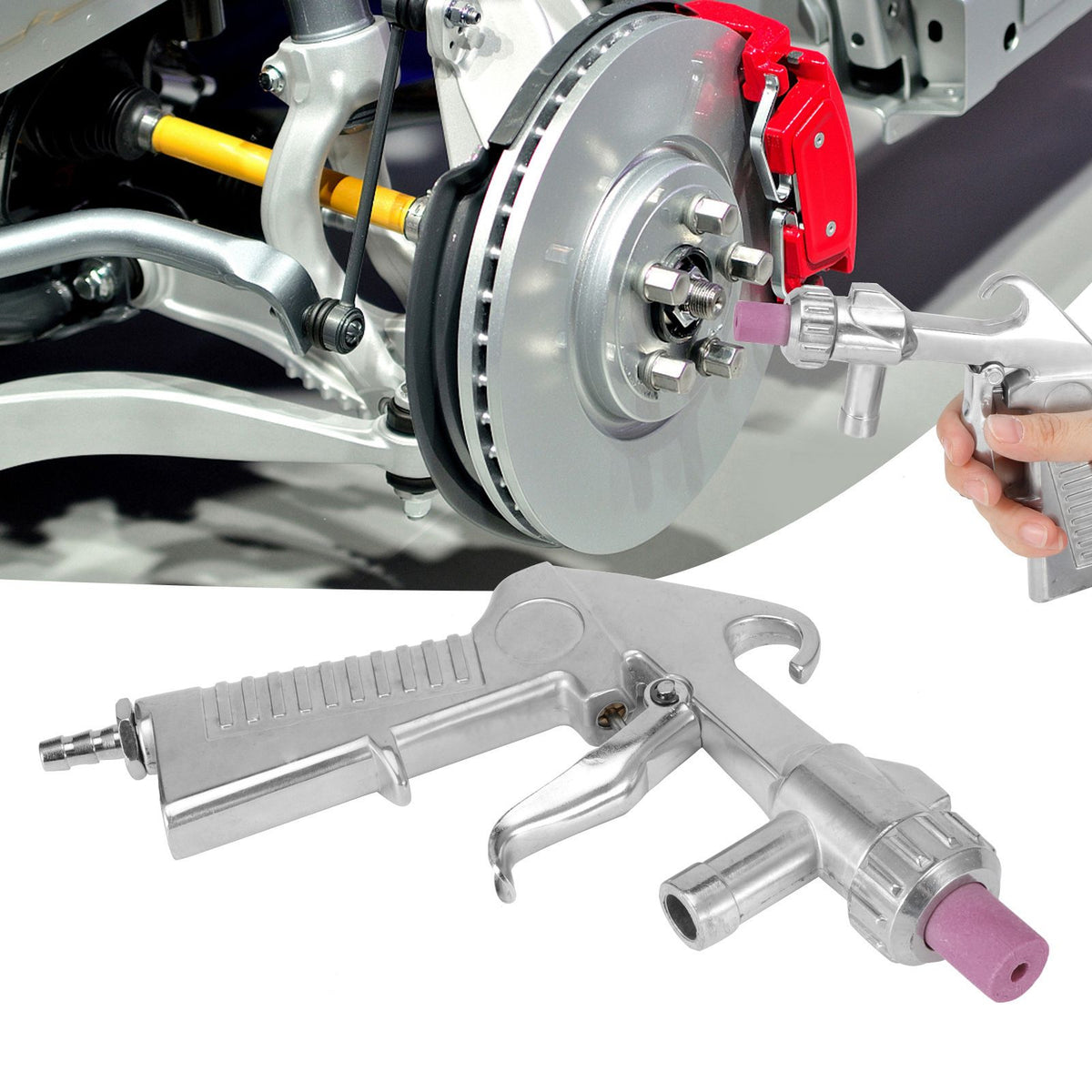Handheld pneumatic sand blaster machine for abrasive sandblasting and derusting, used for outdoor toy cleaning and maintenance.