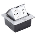 IP44 waterproof pop-up floor outlet box with USB charging for dining tables and kitchen countertops, ideal for safe, embedded electrical access