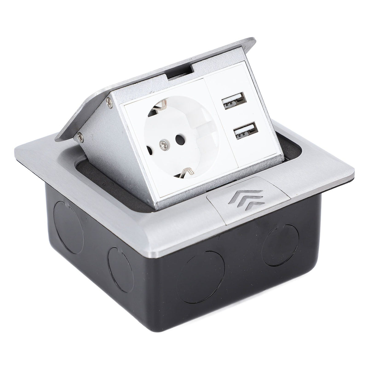 IP44 waterproof pop-up floor outlet box with USB charging for dining tables and kitchen countertops, ideal for safe, embedded electrical access