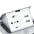 Embedded waterproof IP44 pop-up floor outlet box with USB ports, designed for kitchen countertops and dining tables.