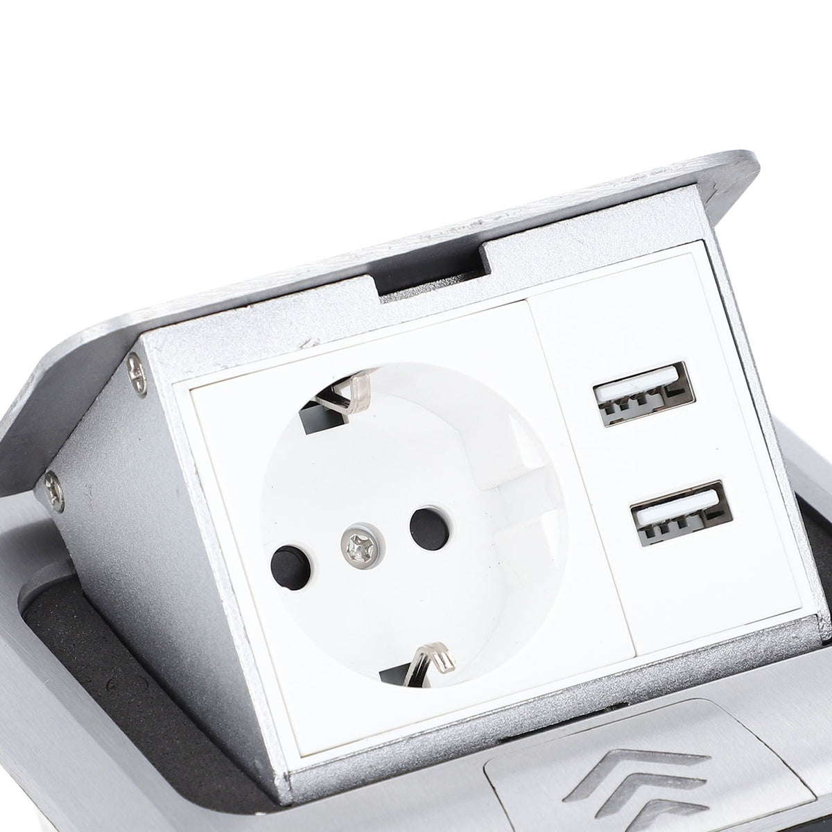 Embedded waterproof IP44 pop-up floor outlet box with USB ports, designed for kitchen countertops and dining tables.