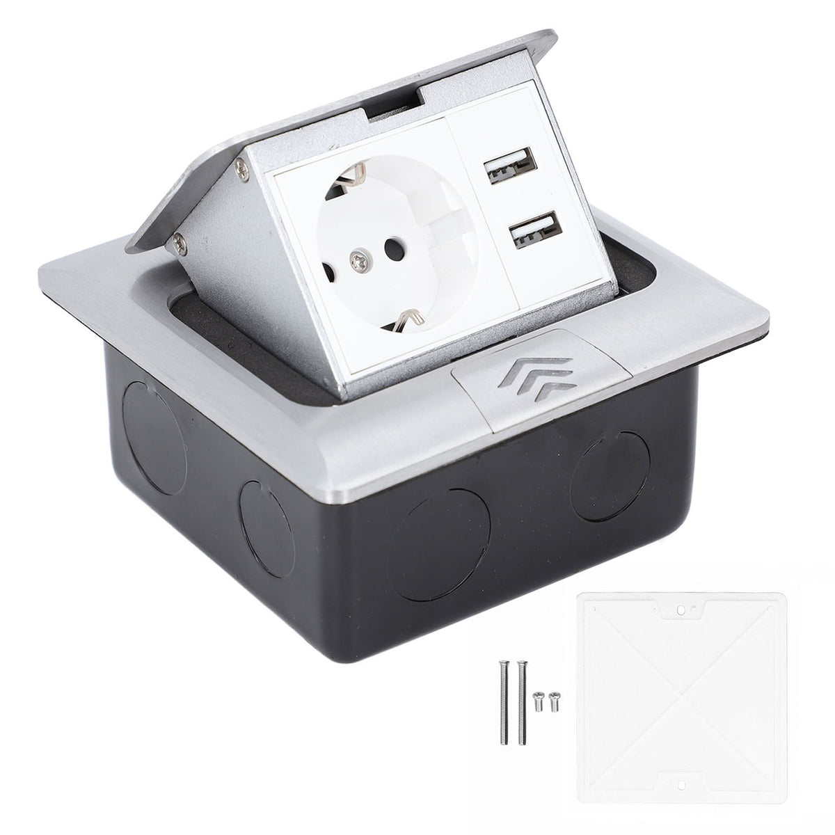 Embedded IP44 waterproof floor outlet box with USB ports for dining tables and kitchen countertops by Everything Baby.