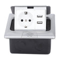 Embedded waterproof IP44 pop-up floor outlet box with USB ports for dining tables and kitchen countertops by Everything Baby.