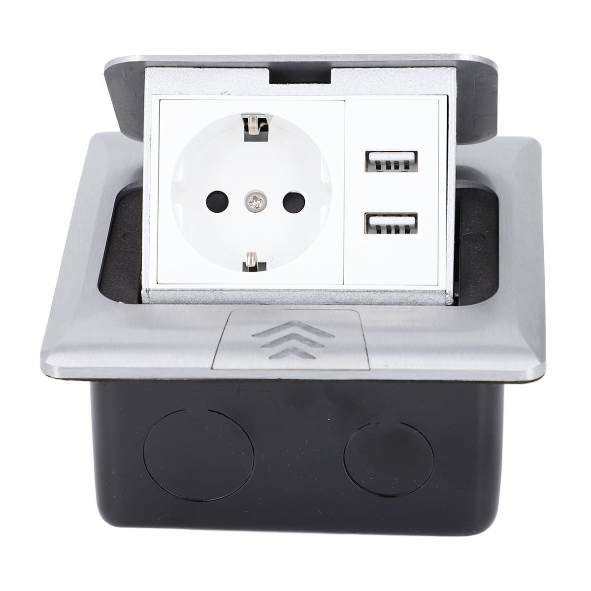 Embedded waterproof IP44 pop-up floor outlet box with USB ports for dining tables and kitchen countertops by Everything Baby.