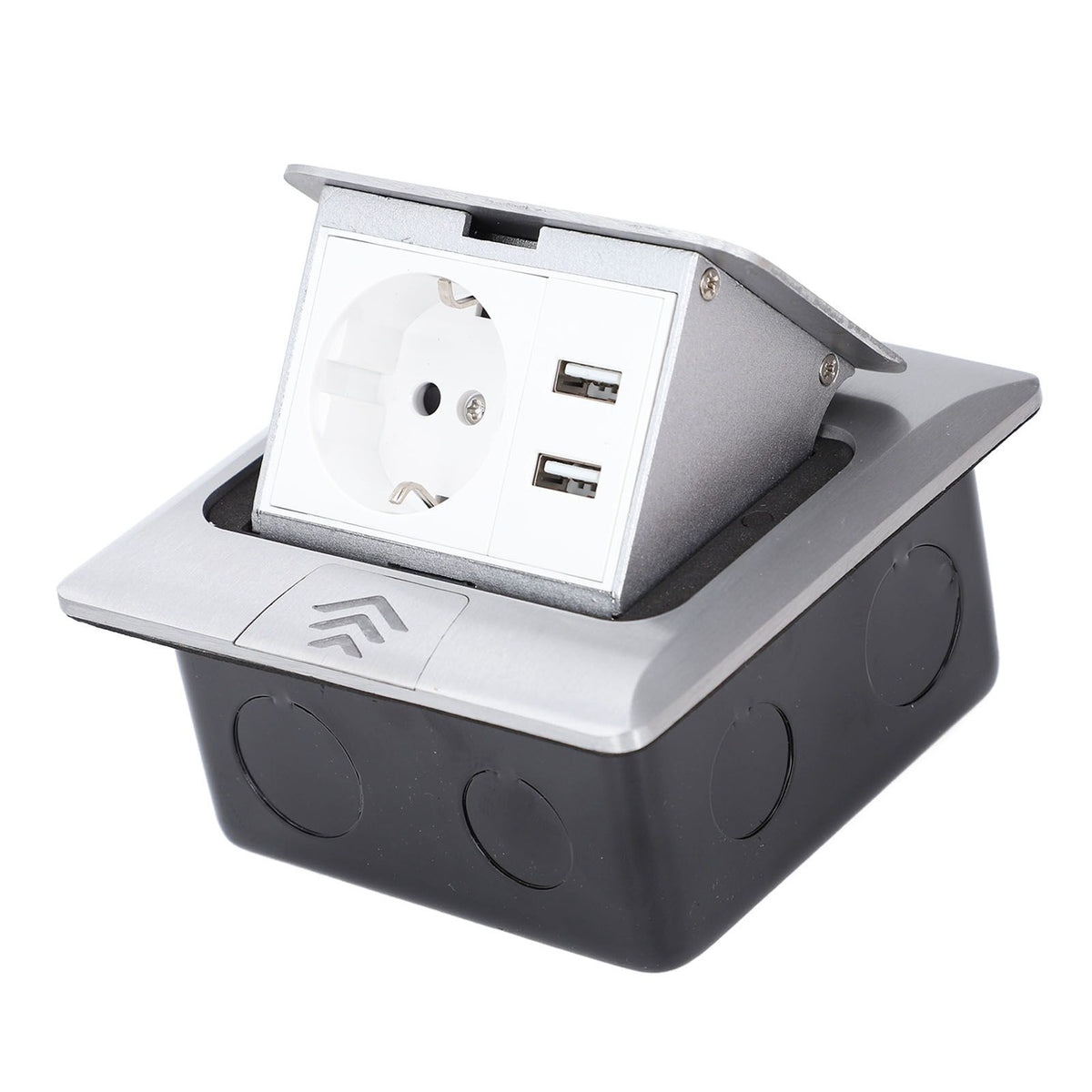 Embedded IP44 waterproof pop-up floor outlet box with USB ports, ideal for kitchen counters and dining tables, by Everything Baby.