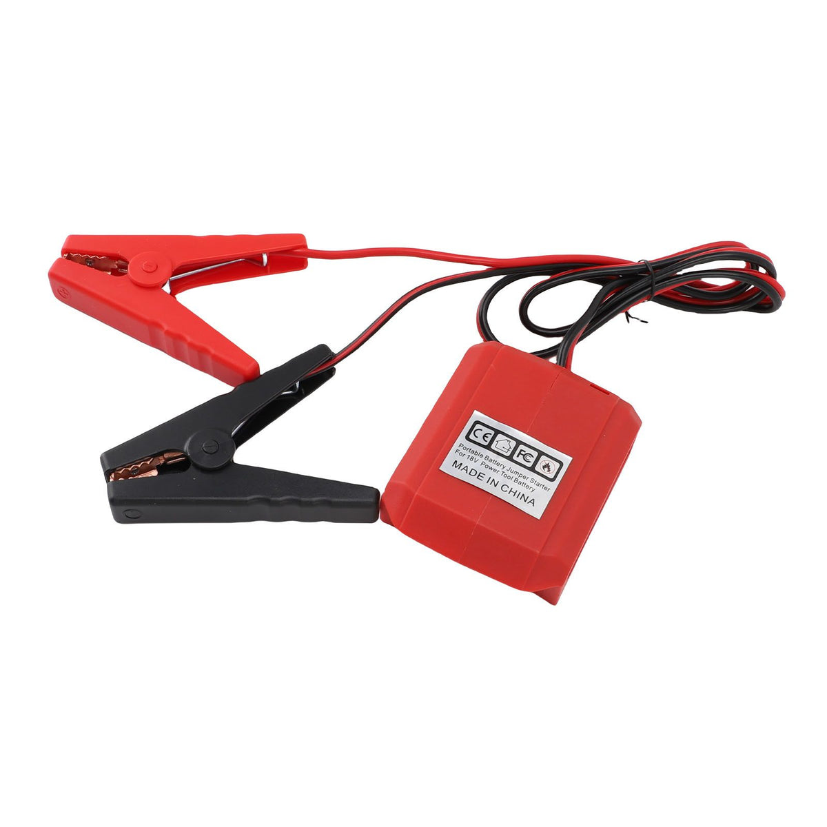 Car jumper cable clamp for 18V lithium battery, portable booster cable for automotive jump starting, compatible with electric ride-on cars.