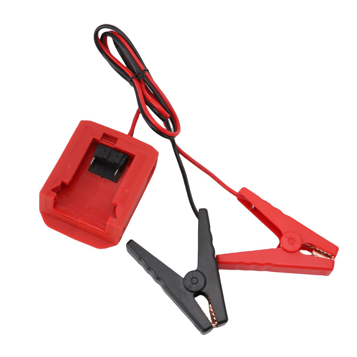 Car jumper cable clamp for 18V lithium battery, portable booster cable for automotive use, compatible with ride-on cars and go-karts.