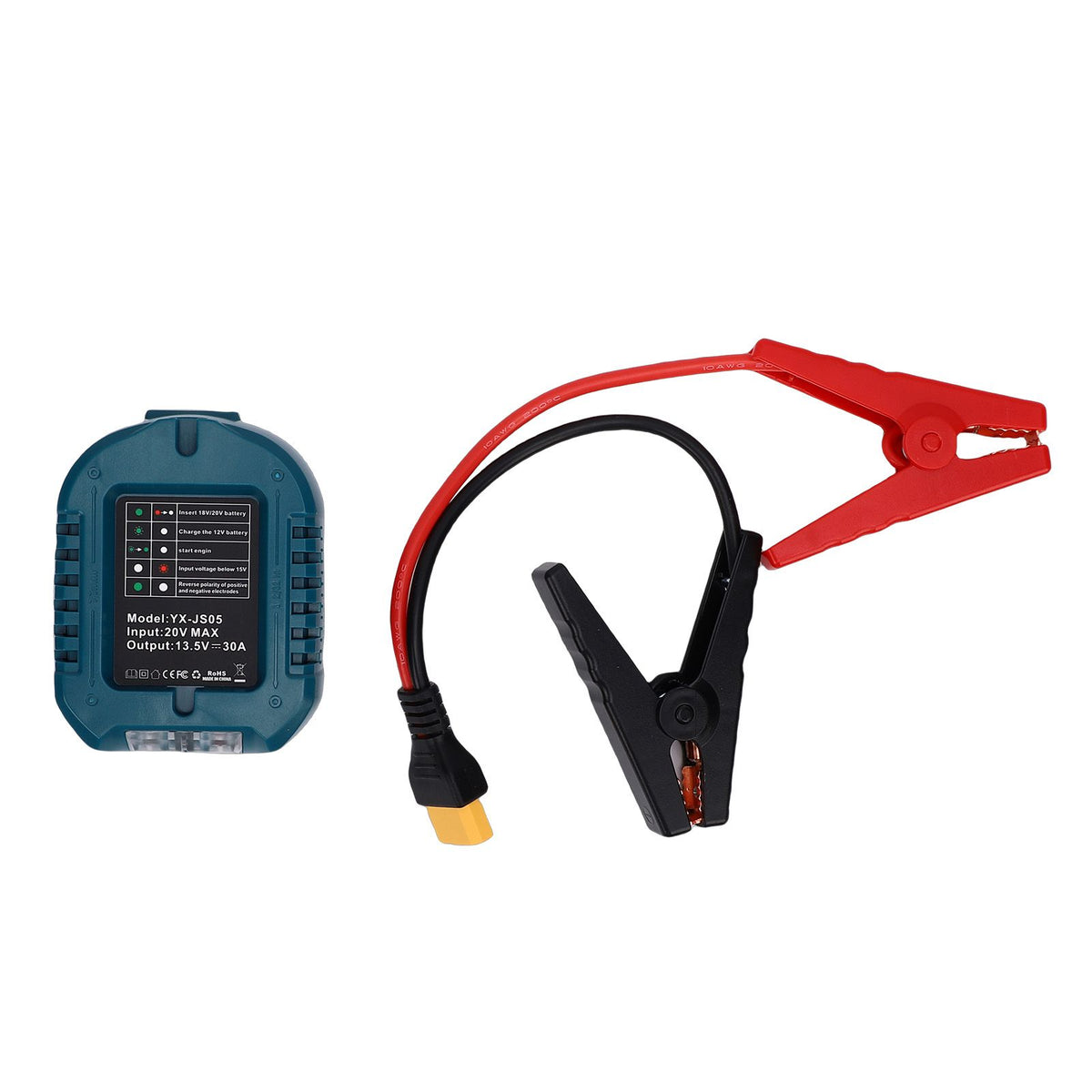 Portable car jump starter with heavy-duty 10AWG cable, designed for Makita batteries, suitable for automotive emergencies.