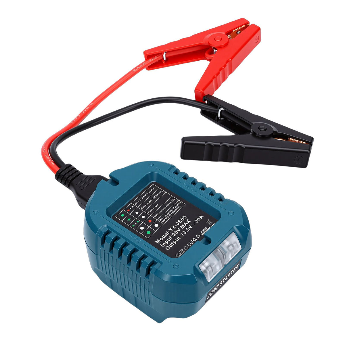 Portable car jump starter with heavy-duty 10AWG cable compatible with Makita batteries for automotive emergency use