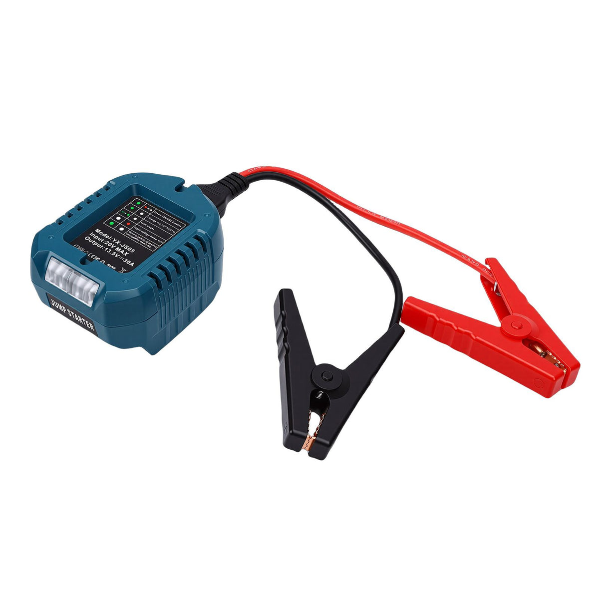 Portable car jump starter with heavy-duty cables compatible with Makita batteries, suitable for automotive emergencies.