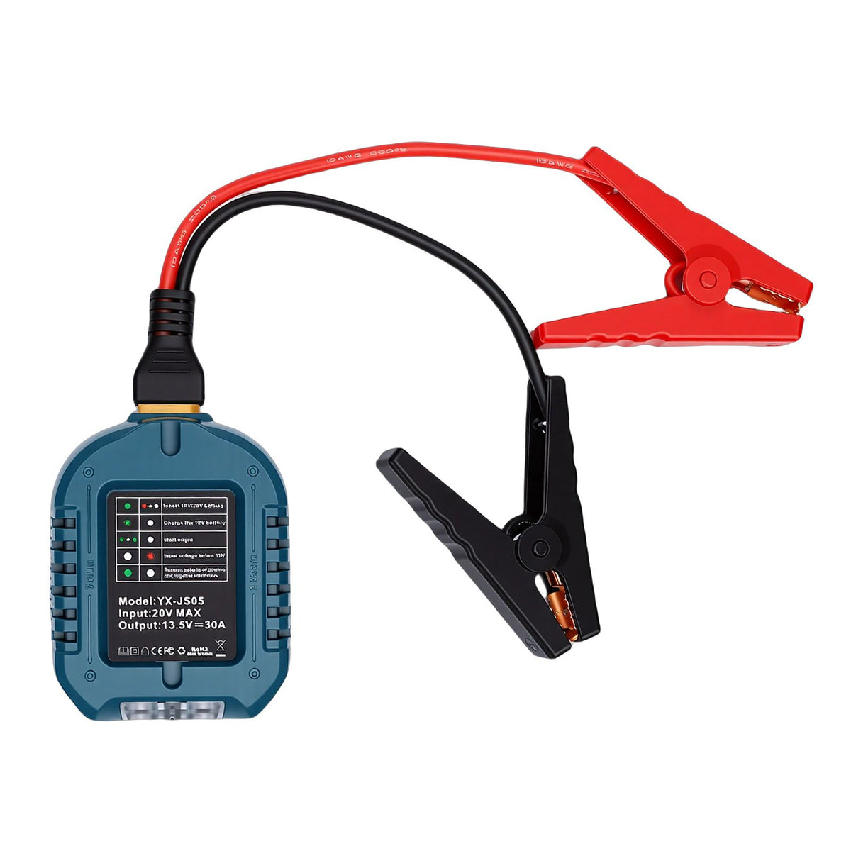 Portable car jump starter compatible with Makita batteries, heavy-duty 10AWG cables, suitable for automotive emergency use.