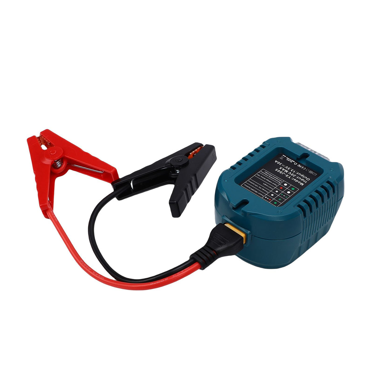 Portable car jump starter compatible with Makita batteries, heavy-duty cables for emergency automotive use in ride-on cars.