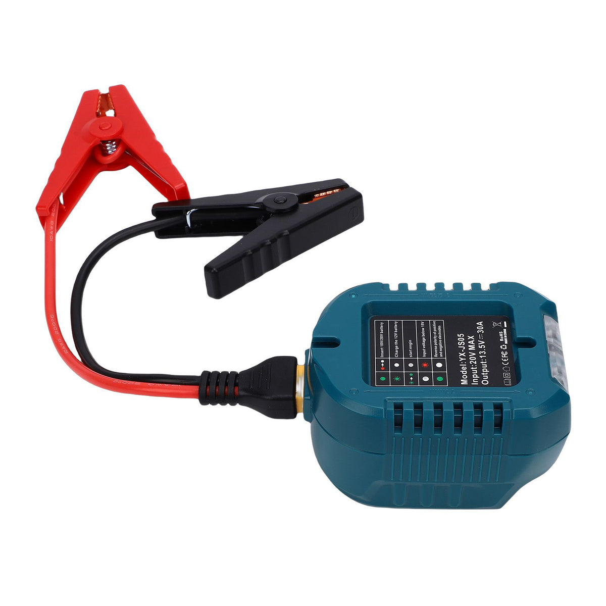 Portable car jump starter with heavy-duty cables compatible with Makita batteries for automotive emergencies.