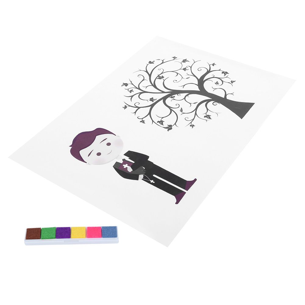 Baby boy at birthday party signing in with fingerprint signature art toy from Everything Baby, suitable for kids' art and drawing activities.