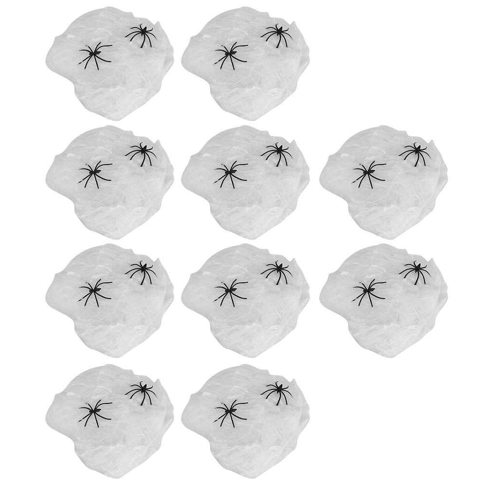 White Halloween spider webs decoration with two fake spiders, suitable for haunted house, bar, or KTV scene props.