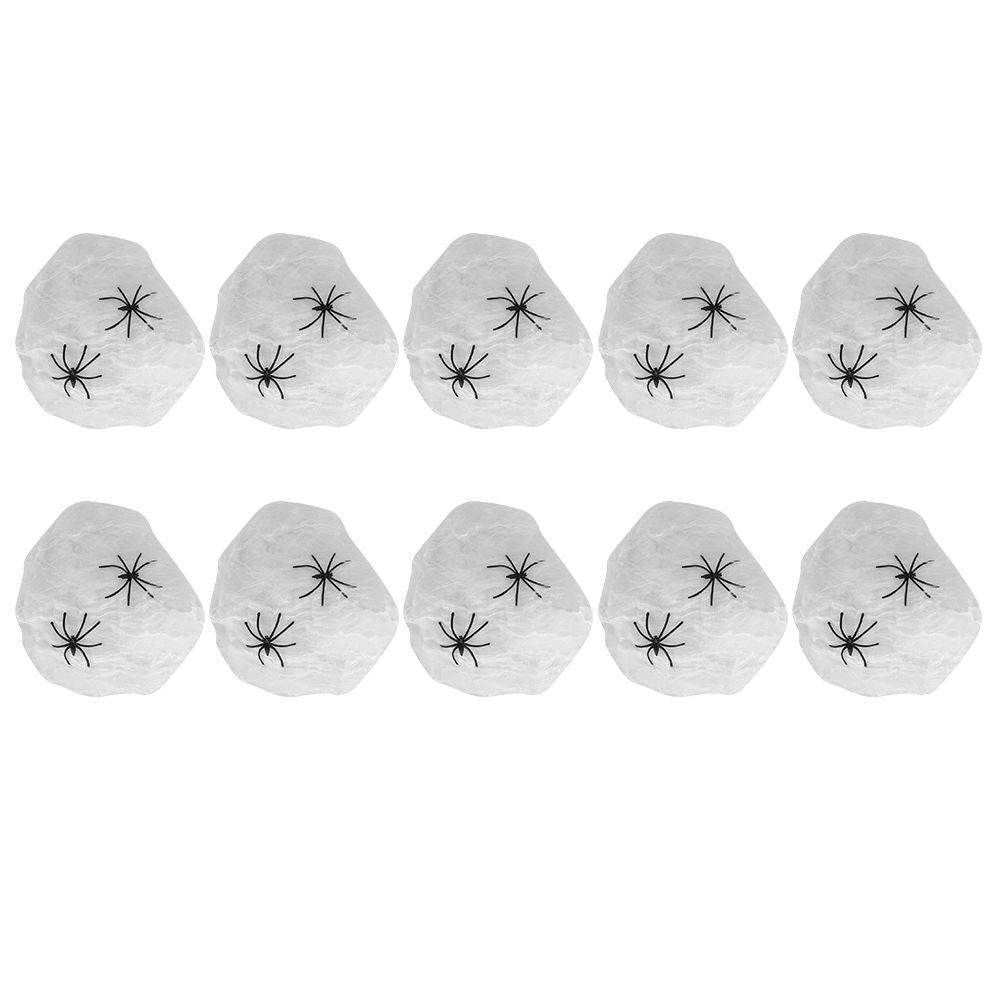 White Halloween spider webs decoration with two fake spiders, suitable for haunted house, bar, or KTV scene props.