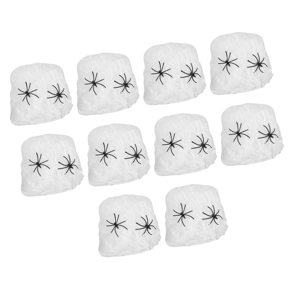 White Halloween cobwebs with two fake spiders, spooky spider web decorations for haunted house and KTV scene props.