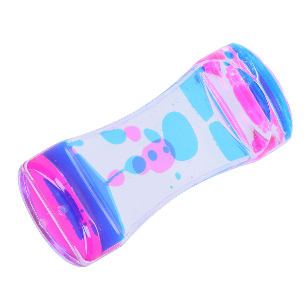 Blue and pink double color liquid motion hourglass toy with flowing liquid bubbles, designed for kids' pretend play and desk decor.