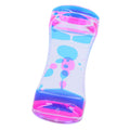 Blue and pink double color liquid motion bubbler hourglass toy for kids, creating soothing visual effects for desk decor and pretend play.