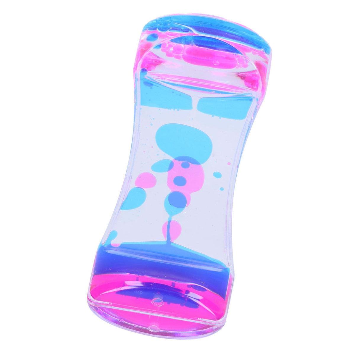 Blue and pink double color liquid motion bubbler hourglass toy for kids, creating soothing visual effects for desk decor and pretend play.