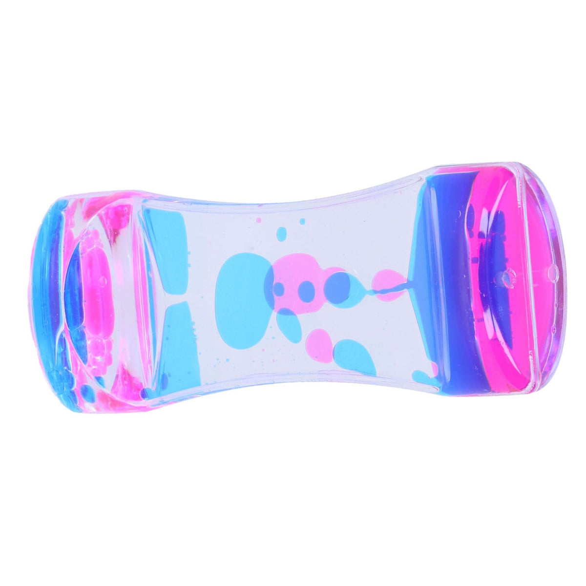 Blue and pink double color liquid motion hourglass timer toy for kids, with bubbling liquid display, ideal for desk decor and pretend play.