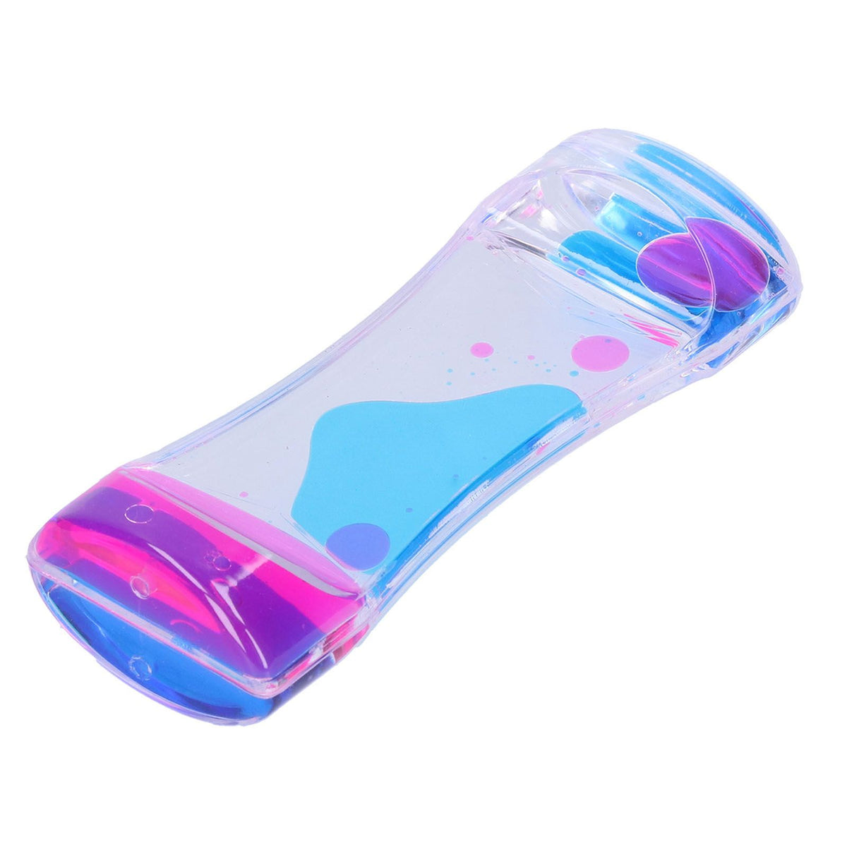 Blue and pink double color liquid motion bubbler hourglass toy for kids, designed for pretend play and desk decor.
