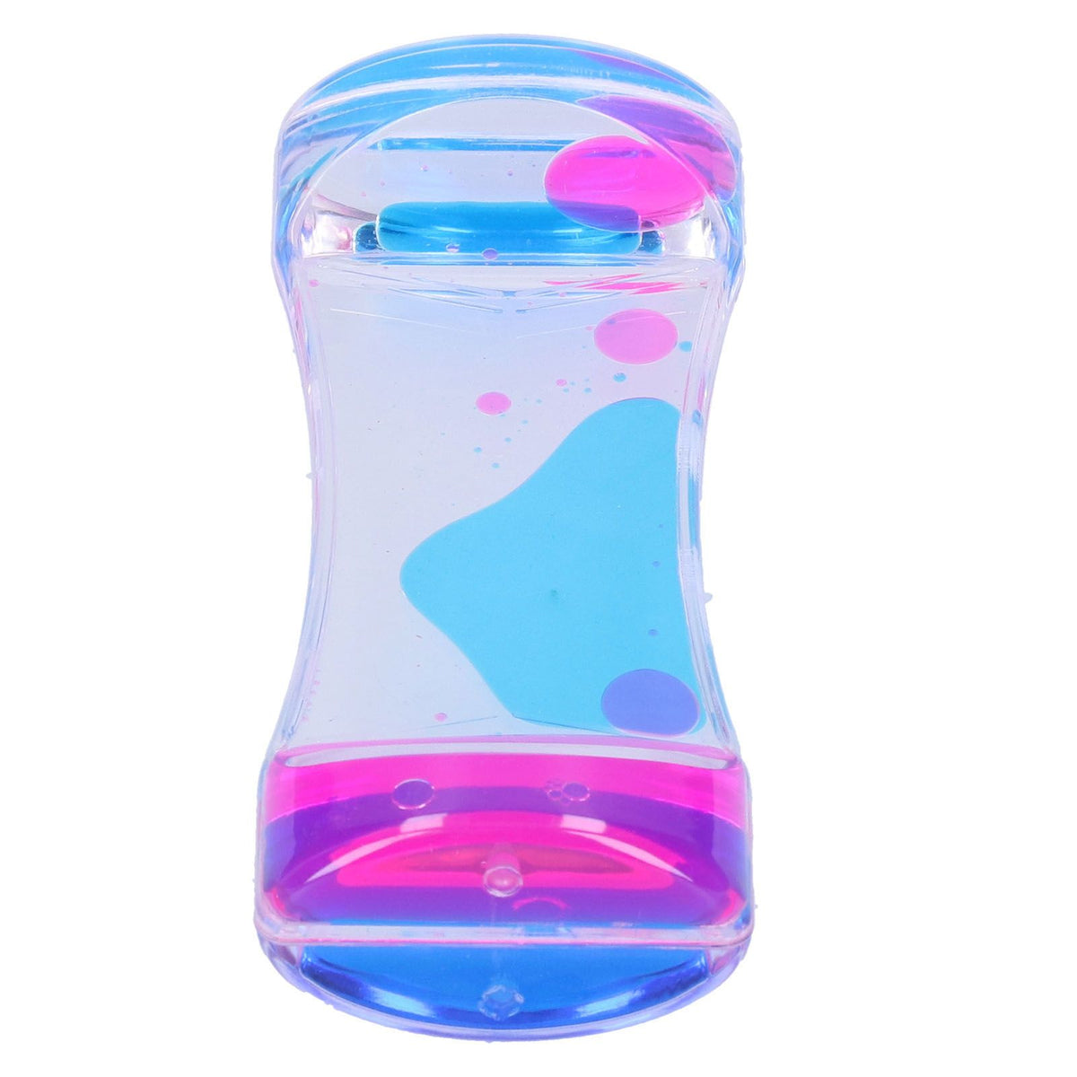 Blue and pink double color liquid motion hourglass timer toy for kids, featuring flowing liquid bubbles, ideal for desk decor and pretend play.