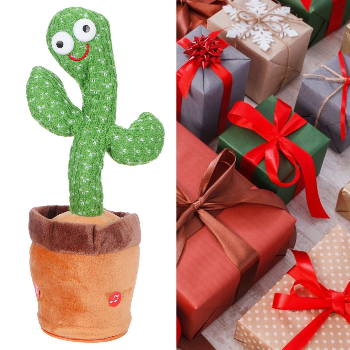 Electronic dancing cactus plush toy for kids, singing and pretending, soft plush material, designed for early childhood play.