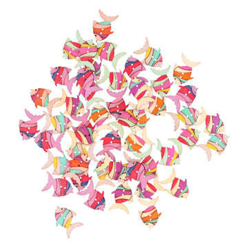 Set of 50 wooden buttons with cute fish cartoon pattern for children's craft projects and handmade toy decorations.